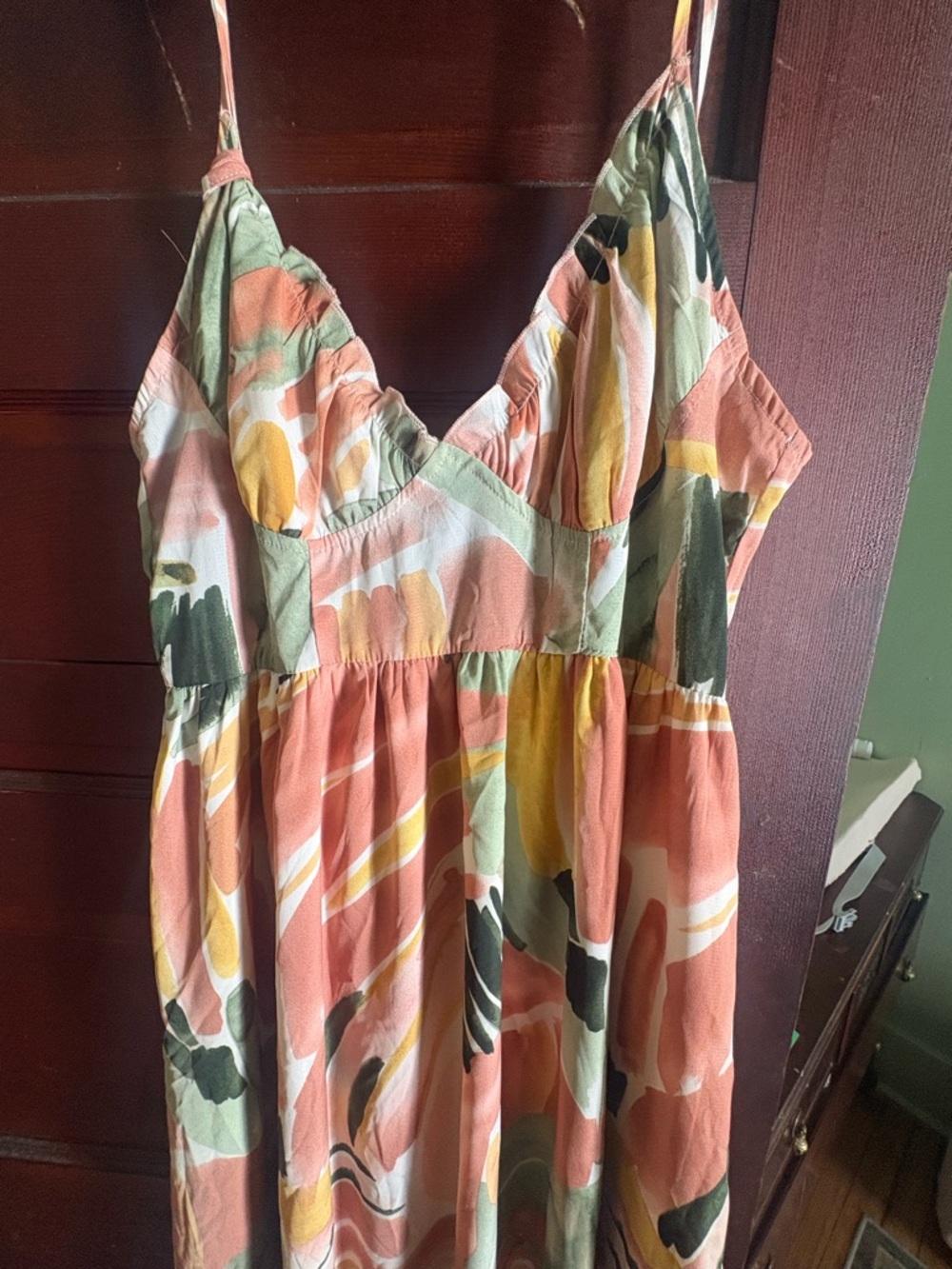 Simplee Apparel Coral, Sage & Mustard Abstract Print Sundress